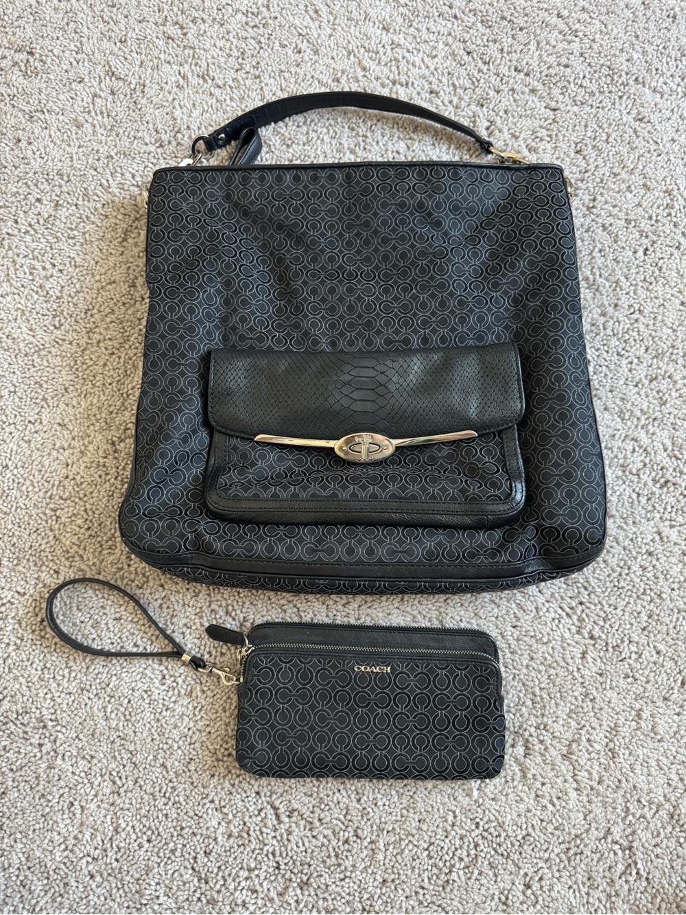 Coach 27906 Black Jacquard Canvas Black Leather Hobo Bag With Wallet
